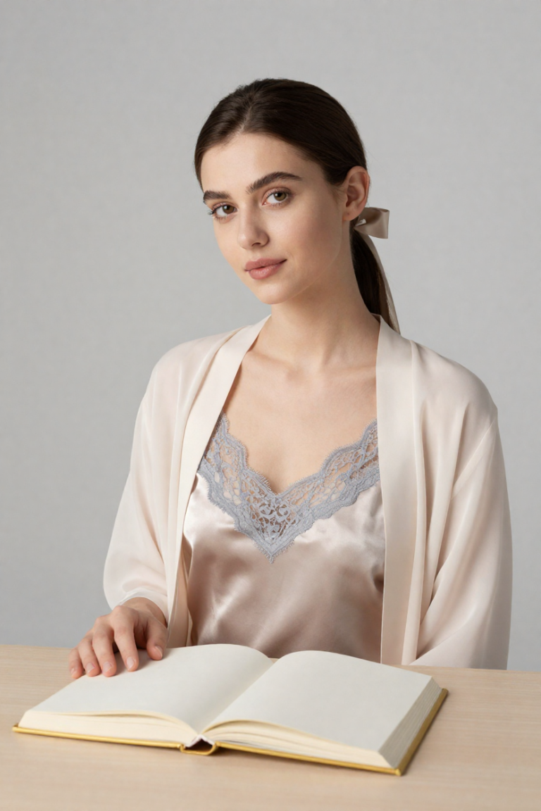 Fictional 27-year-old woman in a champagne silk camisole seated at a desk with an open blank biography
